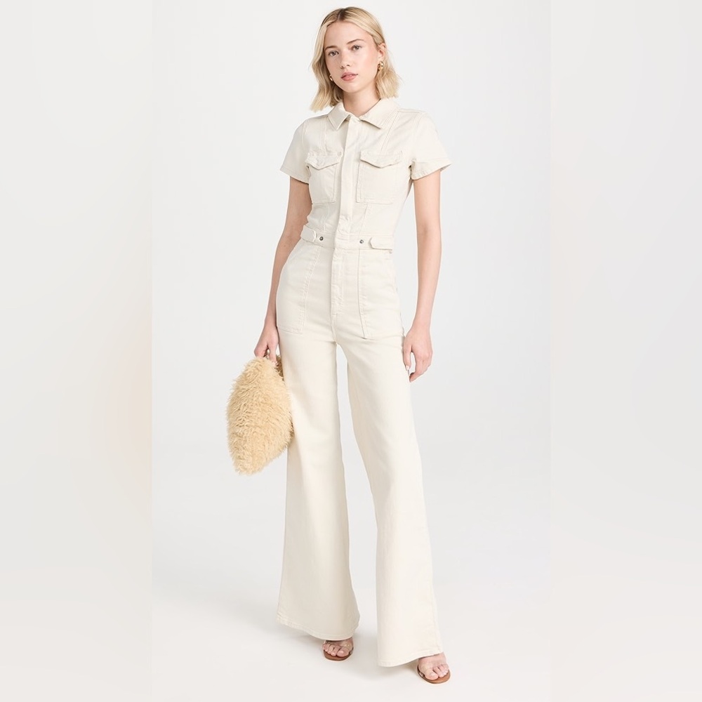 Good American fit for success denim wide leg boot cut jumpsuit- bone color